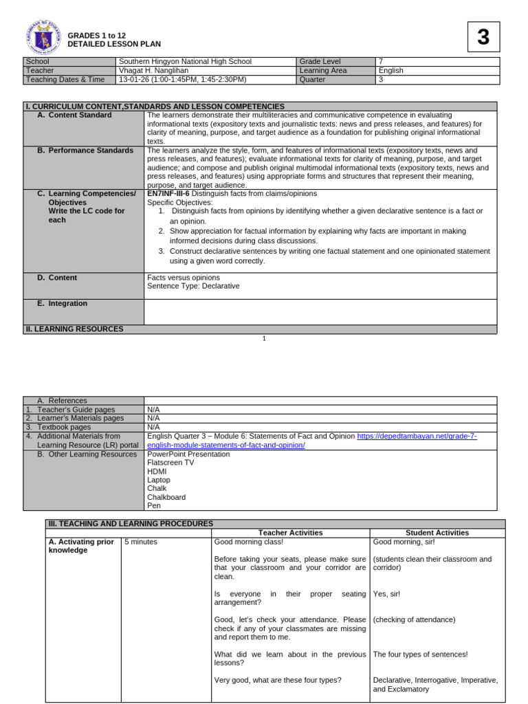Detailed Lesson Plan Matatag 3 | PDF | Lesson Plan | Learning