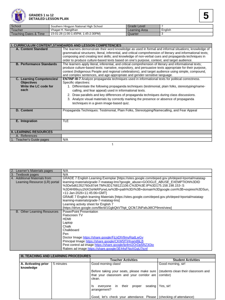 Detailed Lesson Plan Matatag Sample 5 | PDF | Reading Comprehension ...