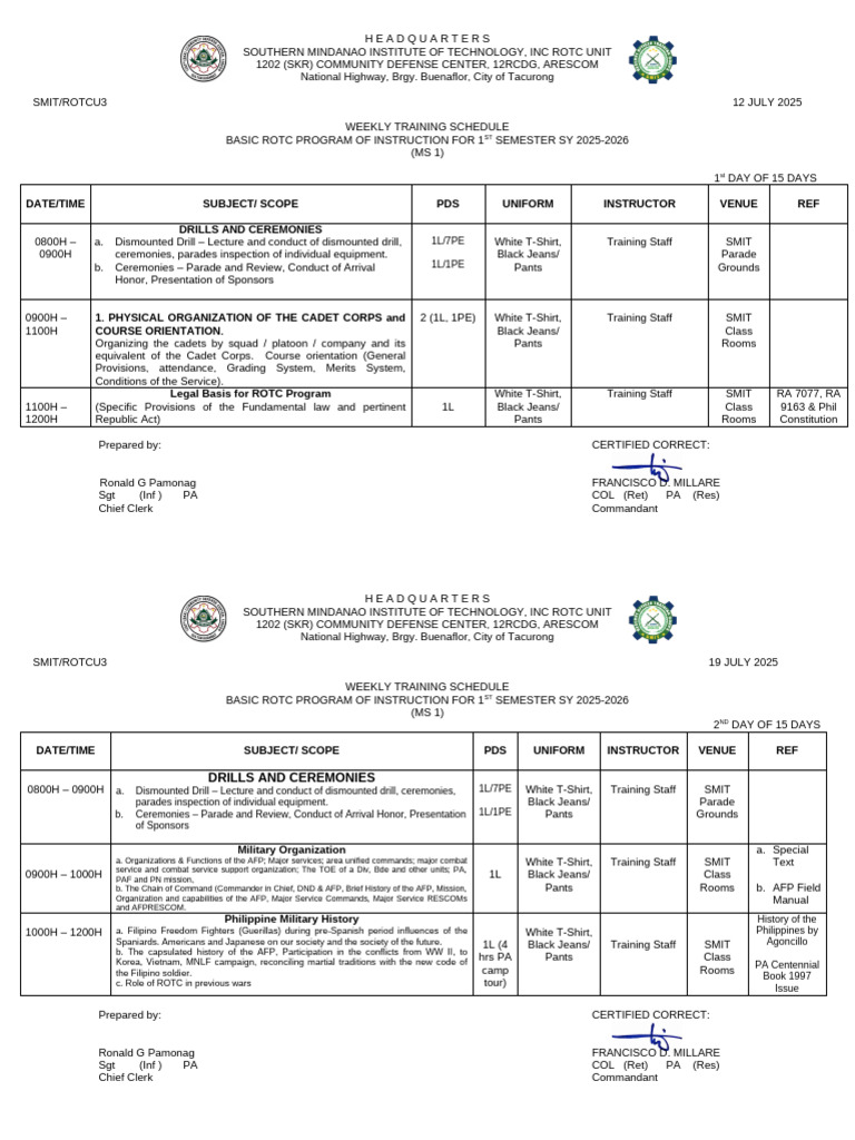 Weekly Training Schedule 1st Sem SY 2025-2026 | PDF