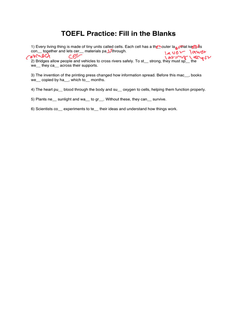 TOEFL Fill in Blanks Test | PDF