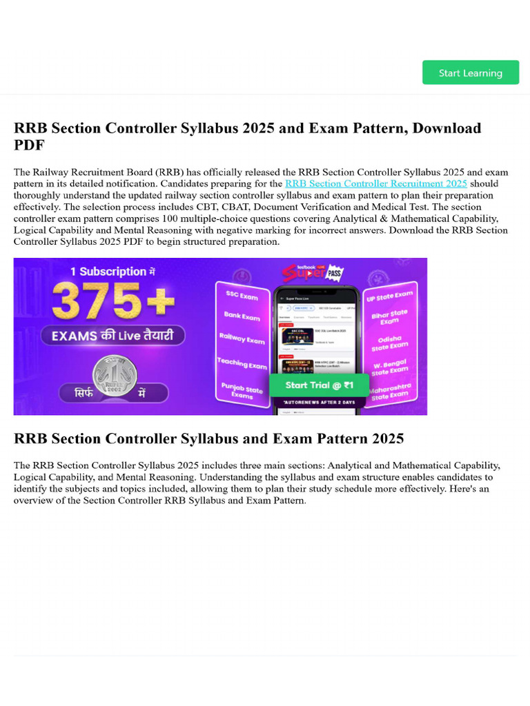 RRB Section Controller Syllabus 2025 and Exam Pattern, Download PDF | PDF