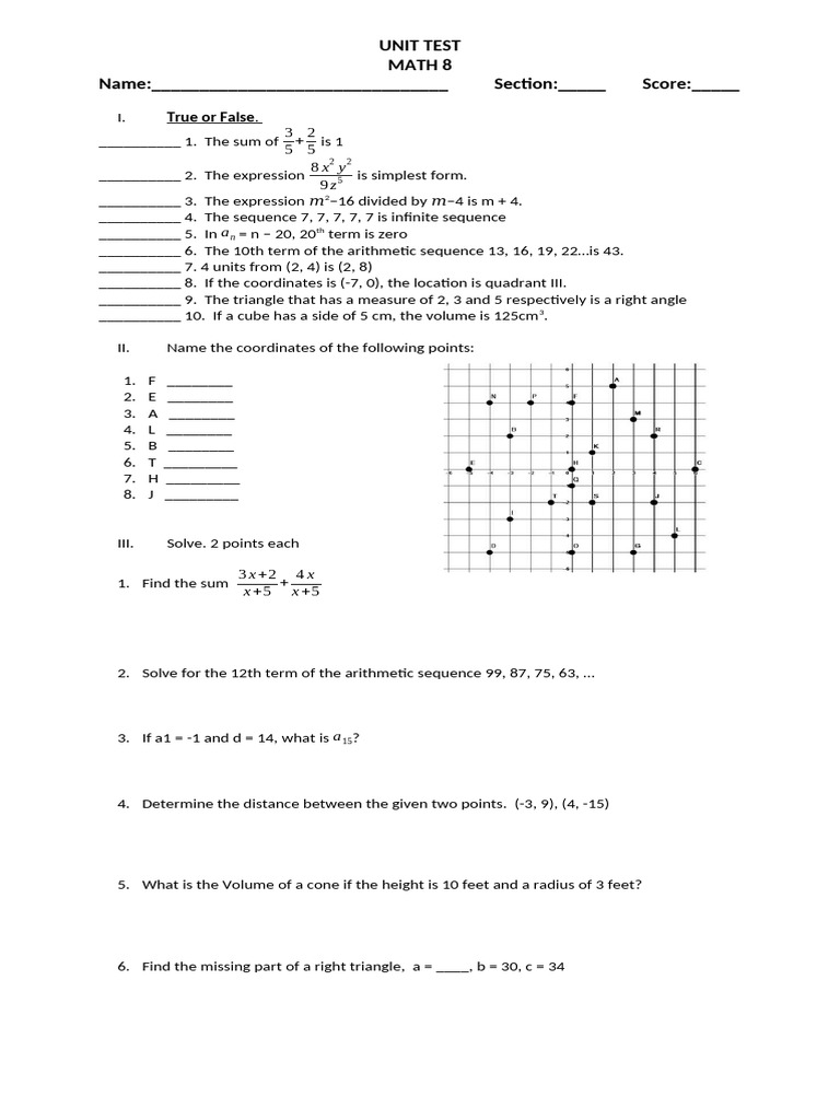 MATH 8 - Unit Test - Q2 | PDF