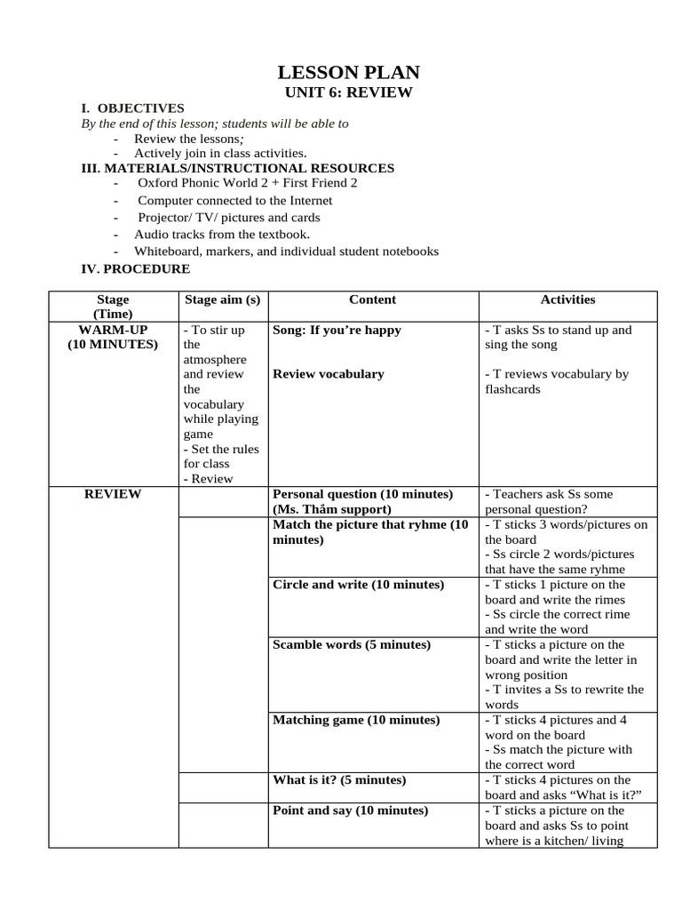Lesson Plan: Unit 6: Review | PDF | Human Communication | Learning Methods