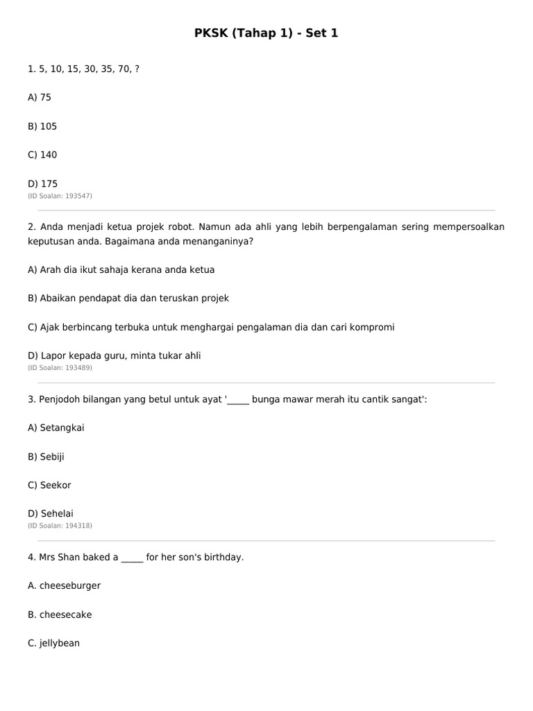 Soalan PKSK (4 Set) - Level 1 | PDF