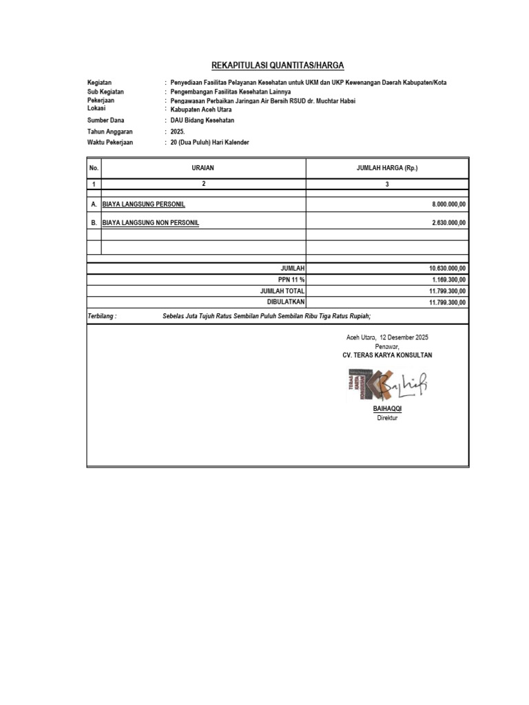 Contoh Rekapitulasi Quantitas Dan Harga | PDF