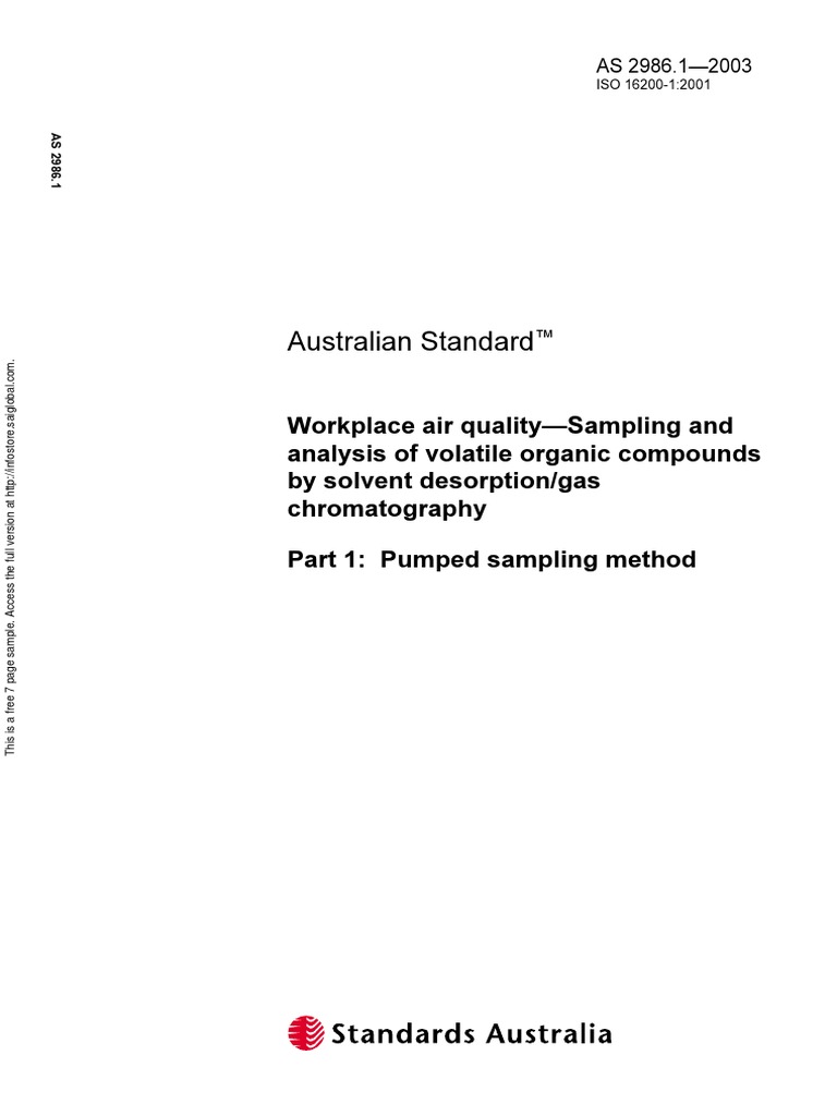 As 2986.1-2003 Workplace Air Quality - Sampling and Anlysis of Volatile ...
