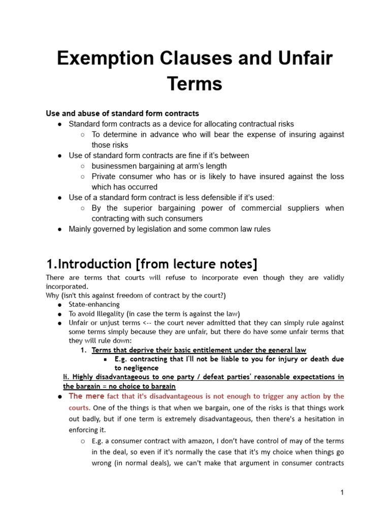 Exemption Clauses and Unfair Terms | PDF | Consent | Legal Ethics