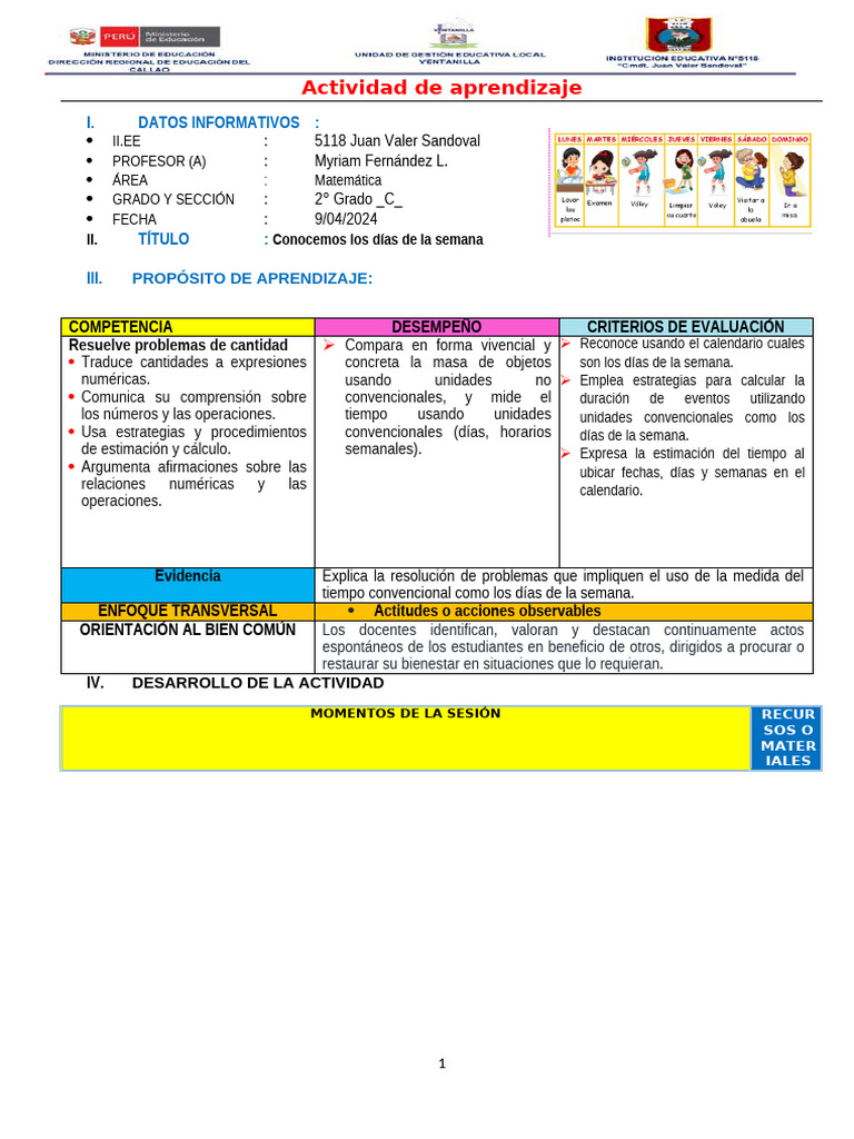 Sesion Conocemos Los Días de La Semana | PDF