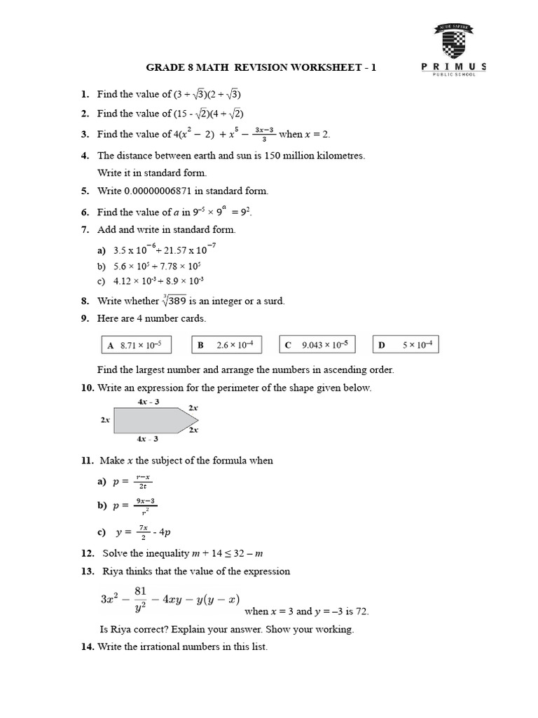 G8 Revision Worksheet-1 PDF | PDF | Inequality (Mathematics ...