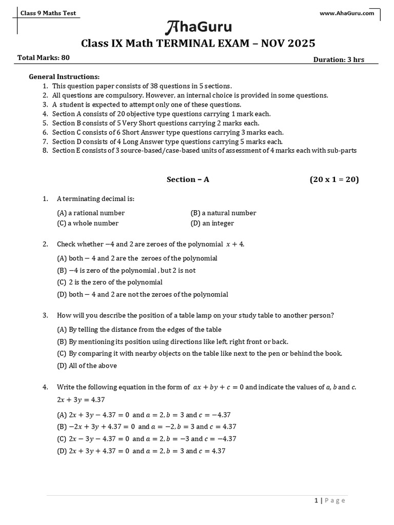 ModelExam - Class 9 - Maths Descriptive Question Paper-Nov 2025 | PDF ...