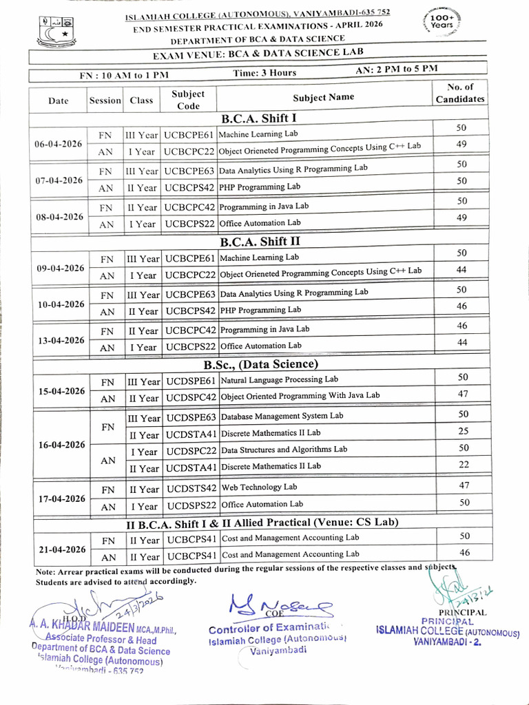 Bca & DS Practical Exam Timetable April 2026 | PDF