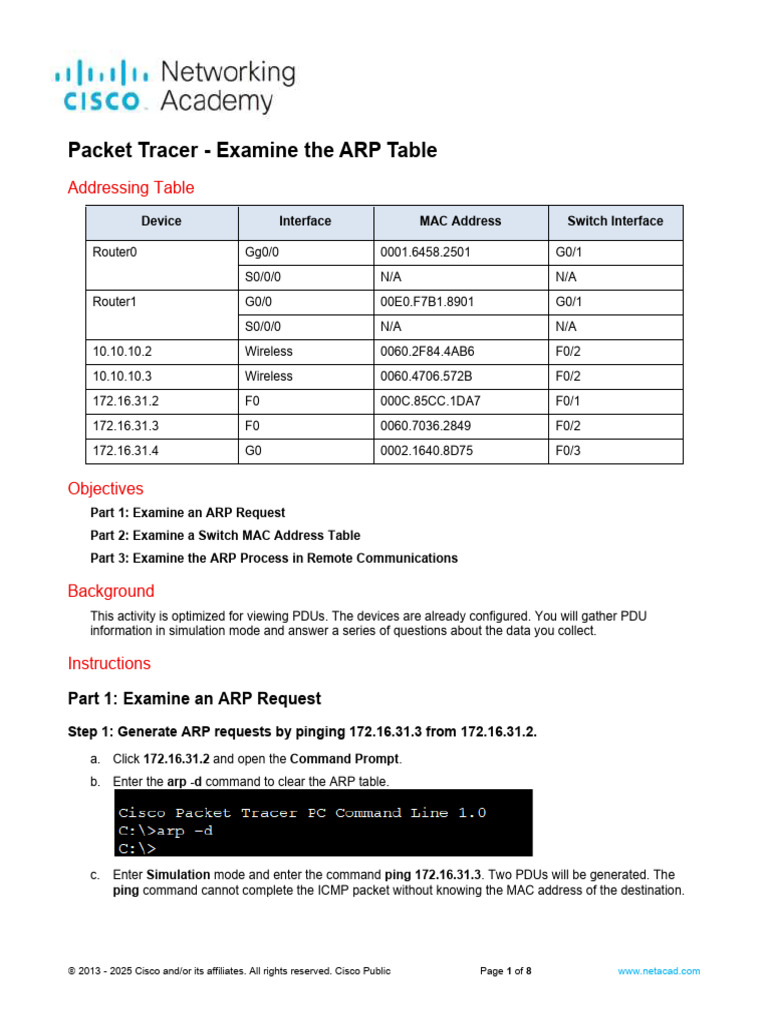 9.2.9 Packet Tracer - Examine The ARP Table | PDF | Communications ...