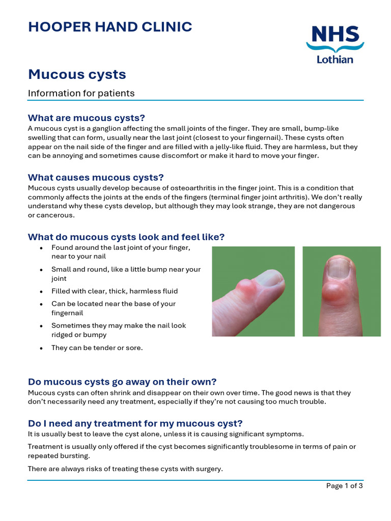 Mucous Cysts Patient Information Leaflet | PDF