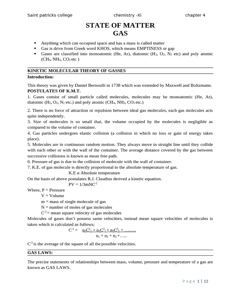 XI Chapter 4 State of Matter GAS | PDF | Gases | Diffusion