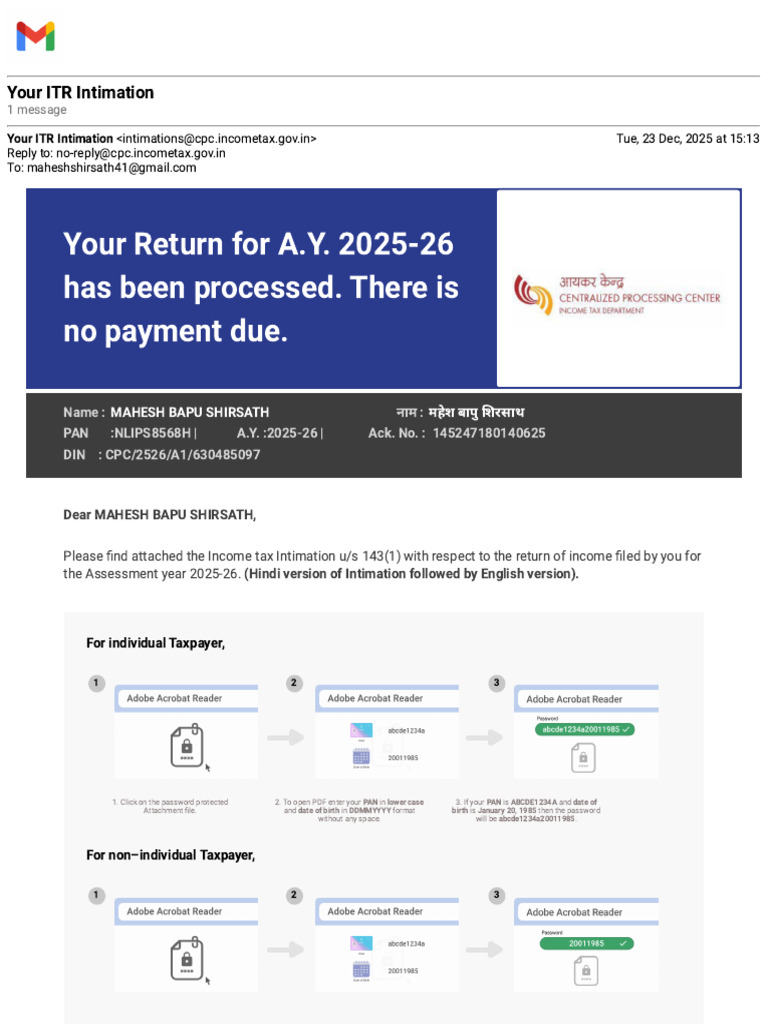 Gmail - Your ITR Intimation | PDF | Password | Cyberspace