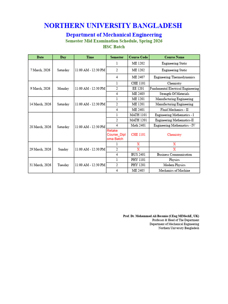 Semester Mid Exam Routine - HSC Batch - Spring 2026 | PDF | Engineering ...