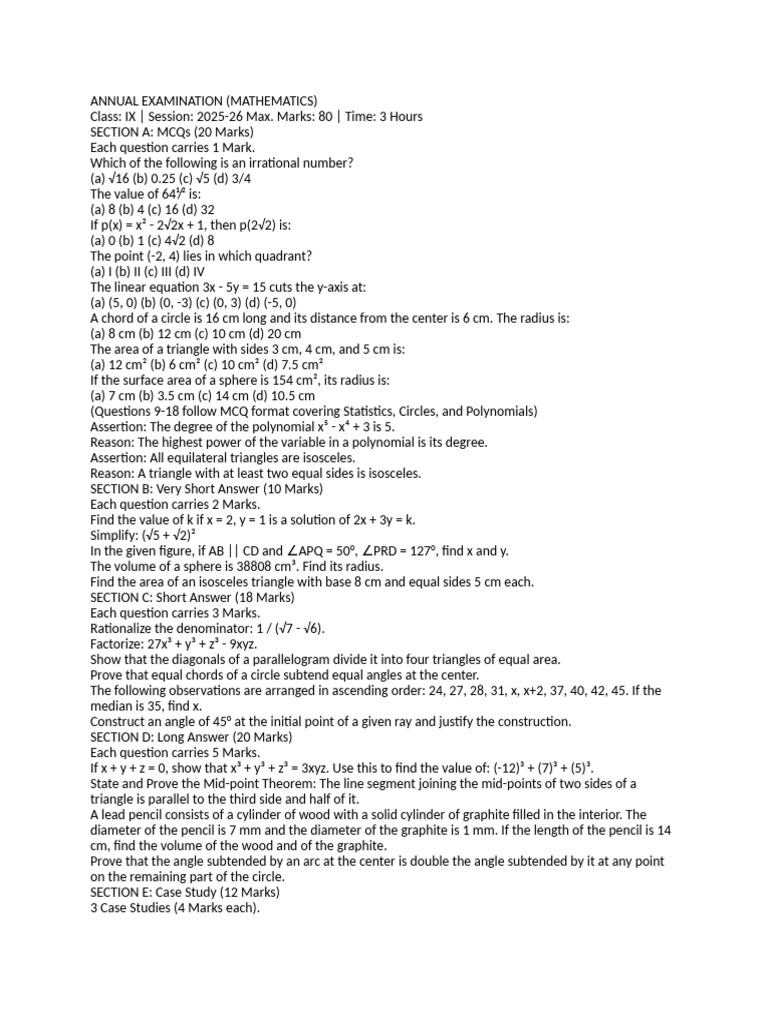 Annual Examination (Mathematics) | PDF | Area | Circle