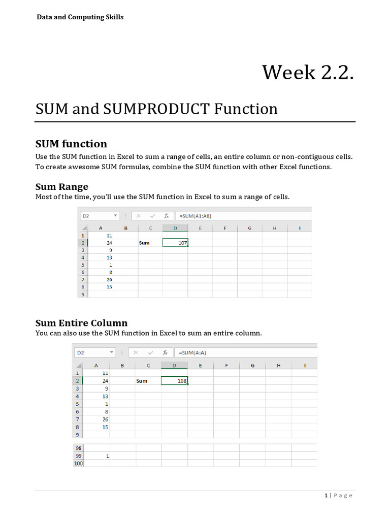 Week 2 2 Functions SUM SUMPRODUCT Reading | PDF