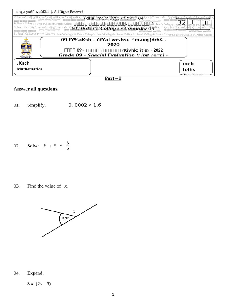 Grade 09 Maths Eng. 19-08-2022 | PDF