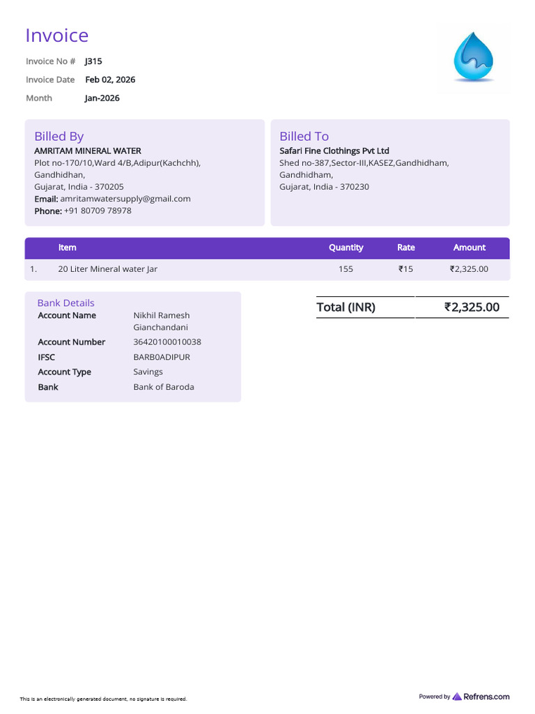 Invoice j315 Amritam Mineral Water Safari Fine Clothings PVT LTD | PDF