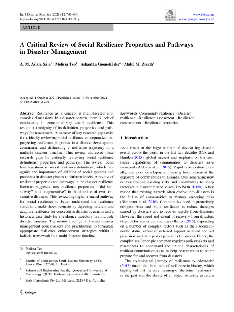 A Critical Review of Social Resilience Properties and Pathways in ...