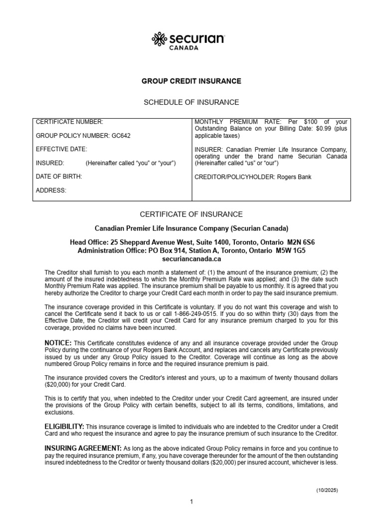 Rogers Account Protection Certificate of Insurance | PDF | Myocardial