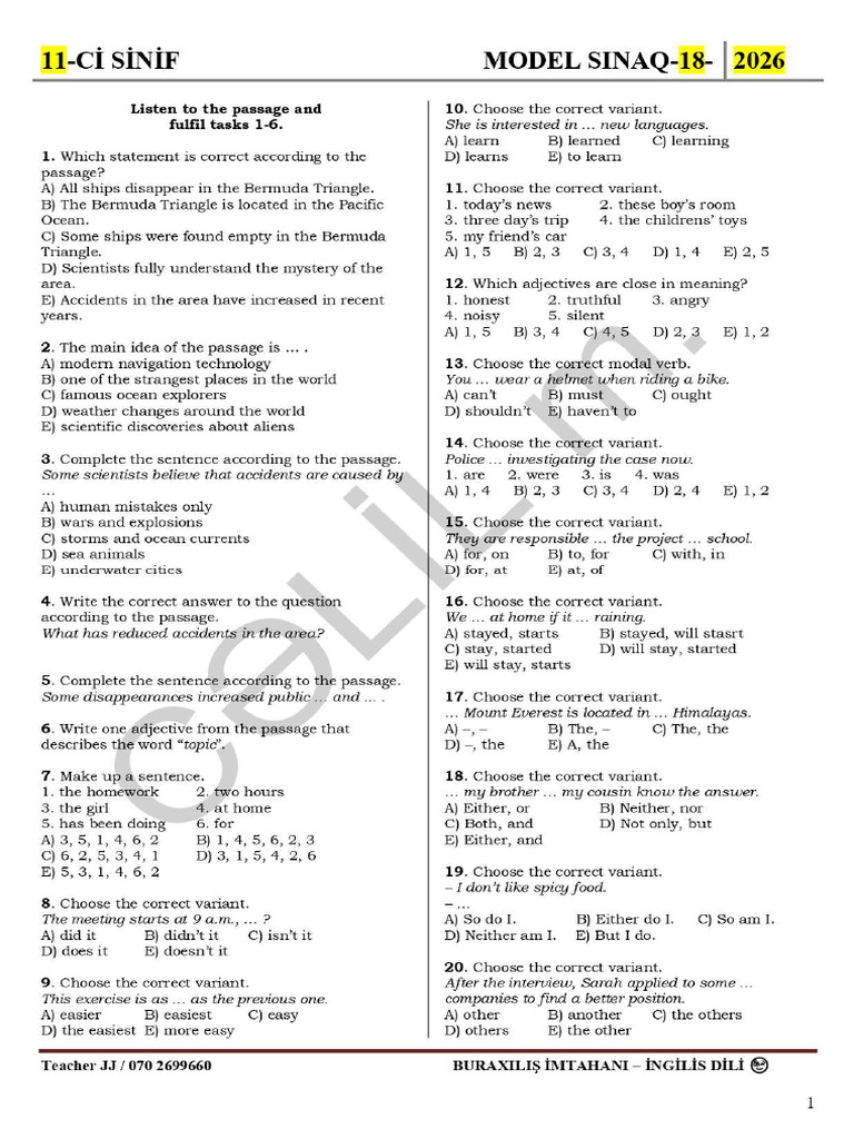 MODEL SINAQ (18) - 11ci Sinif 2026 - Page-0001 | PDF