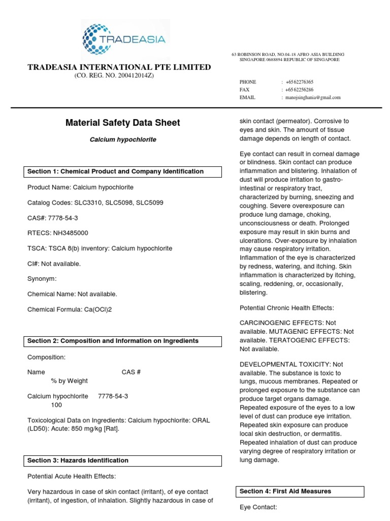 Calcium Hypochlorite MSDS PDF Toxicity Corrosion
