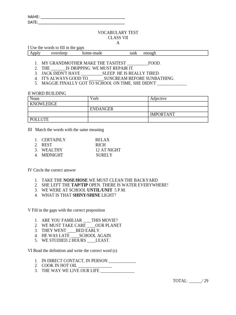 Vocabulary Test A | PDF