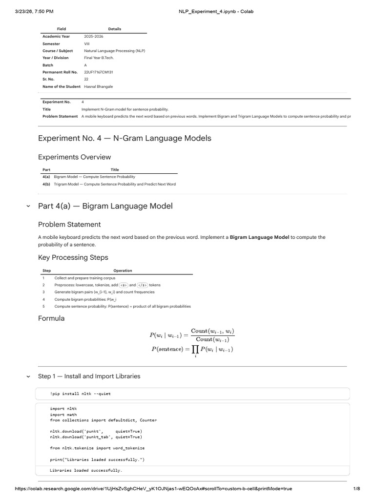 NLP Experiment 4.ipynb - Colab | PDF | Machine Learning | Applied ...