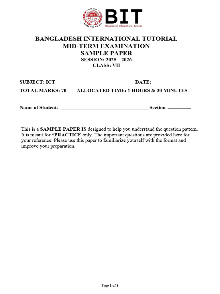 Mid Term Sample Paper 2025-2026 (Vii) | PDF