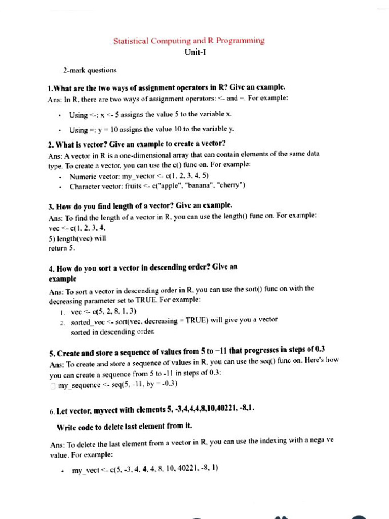 R Program Unit 1 | PDF