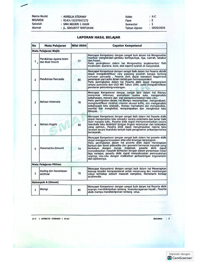 Nilai Rapot Semester 1 | PDF