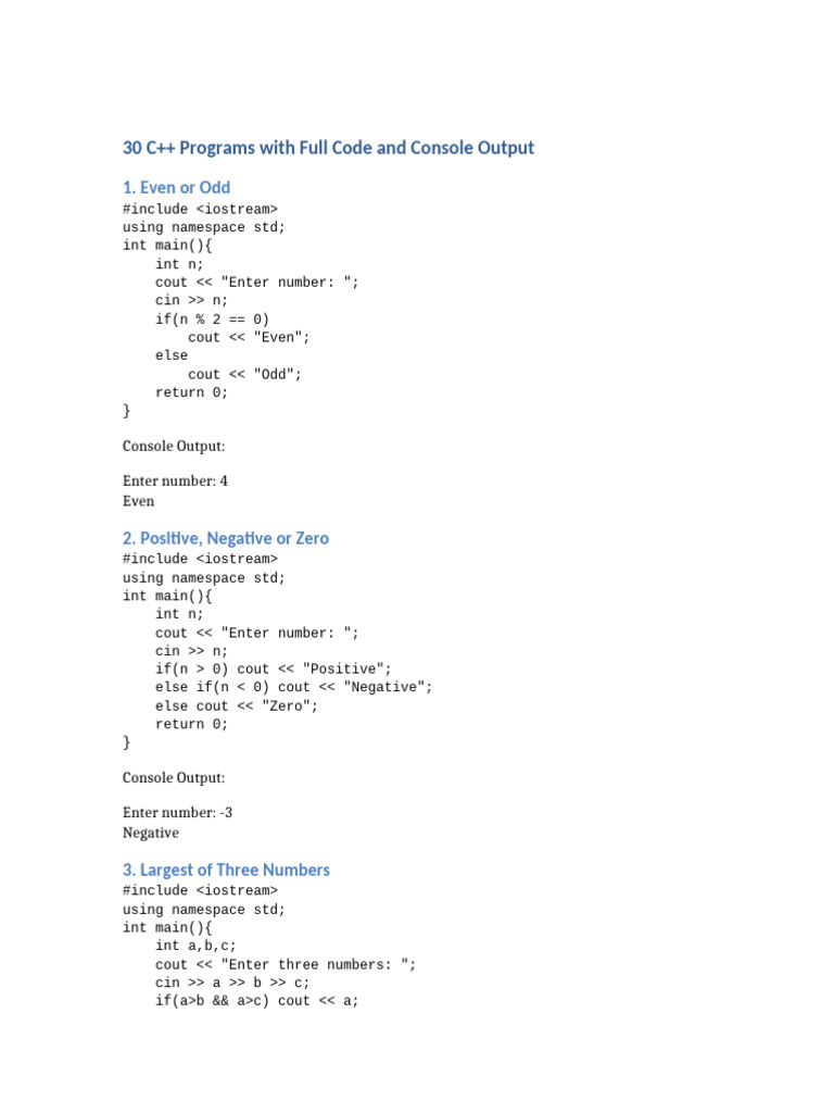 All 30 CPP Programs With Output | PDF | Namespace | Computer Programming