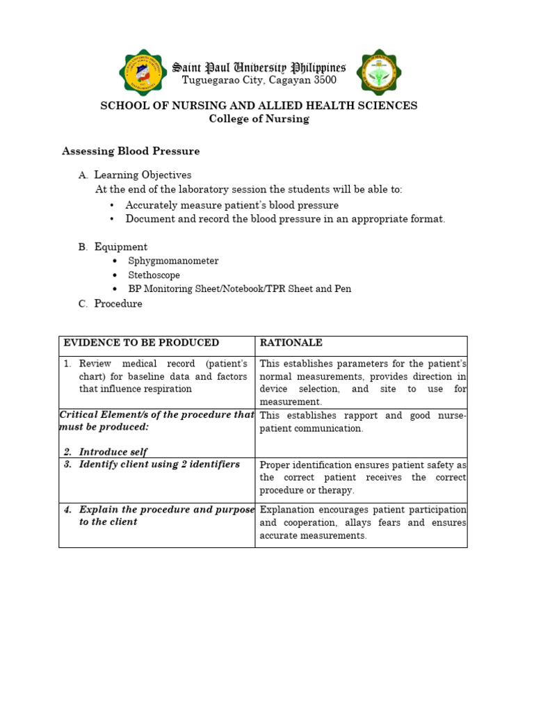 Assessing Blood Pressure Students Checklist AY 2025 2026 | PDF | Pulse ...