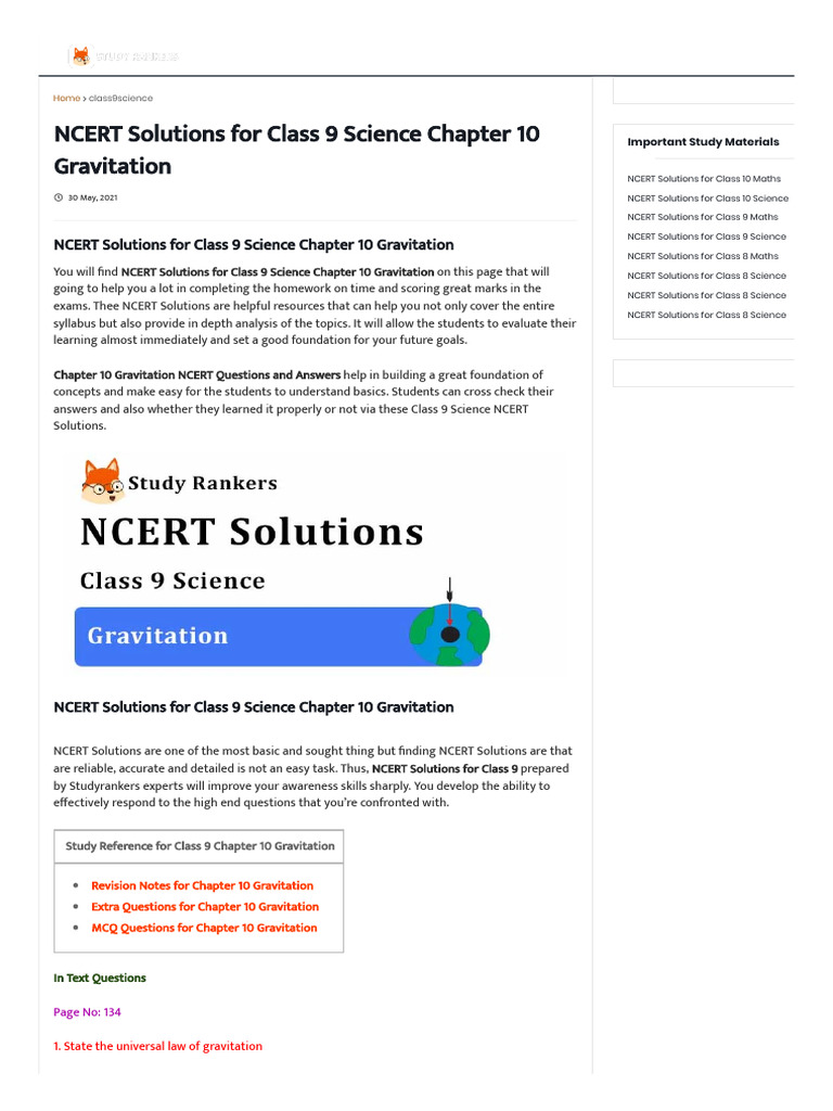 NCERT Solutions For Class 9 Science Chapter 10 Gravitation | PDF ...