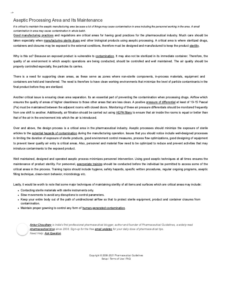 Aseptic Processing Area and Its Maintenance - Pharmaceutical Guidelines ...