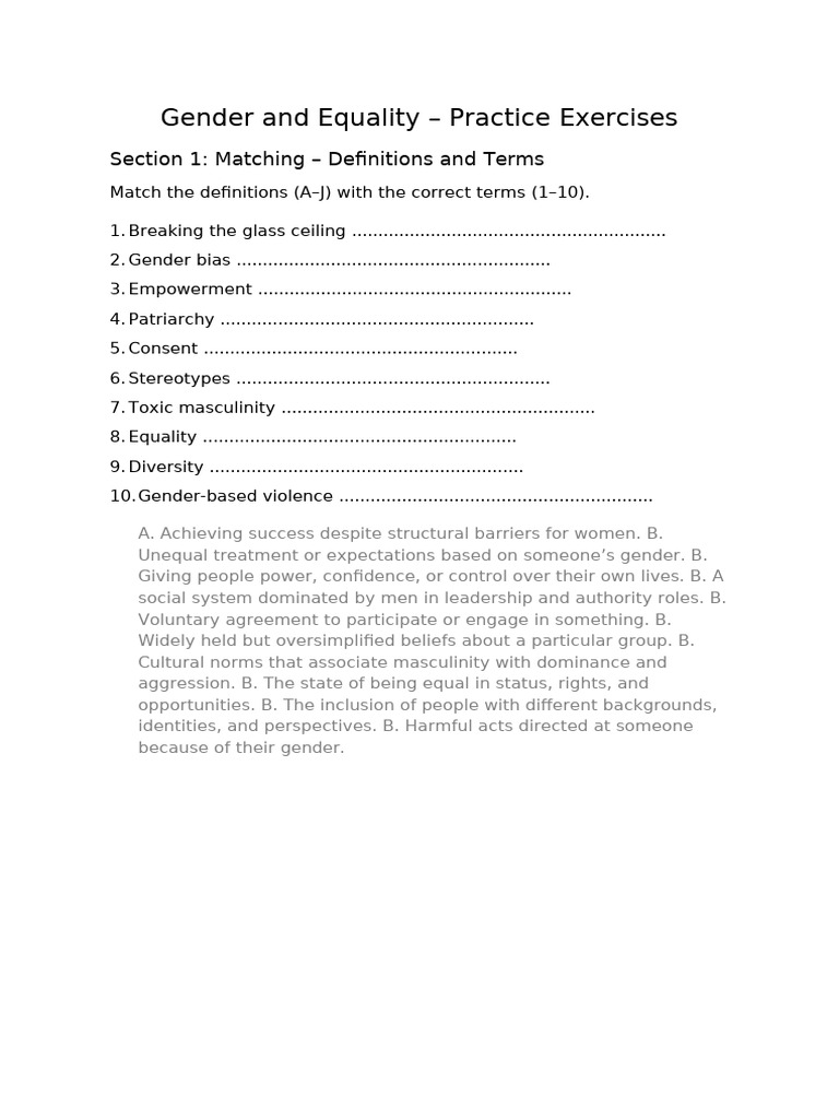 Gender and Equality Exercises Student | PDF | Gender Studies | Gender ...