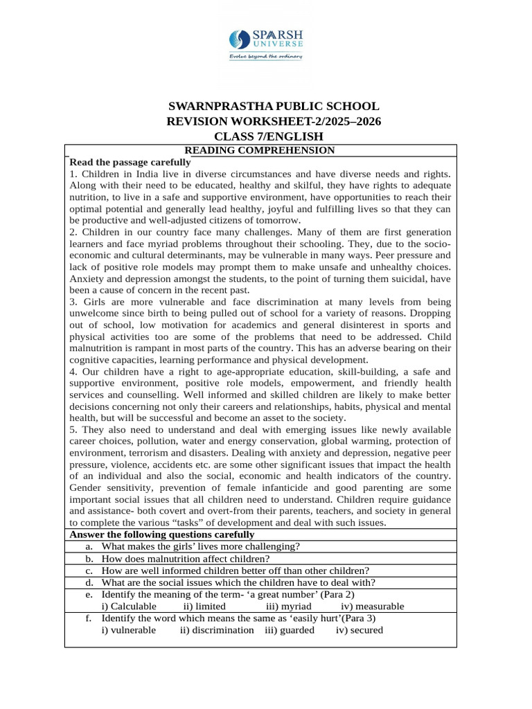 Revision Worksheet Class 7 Reading Comprehension | PDF | Psychology ...