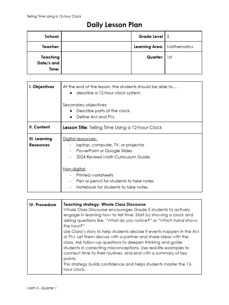 M5Q1L1 Lesson Plan - Telling Time Using A 12-Hour Clock | PDF | Lesson Plan