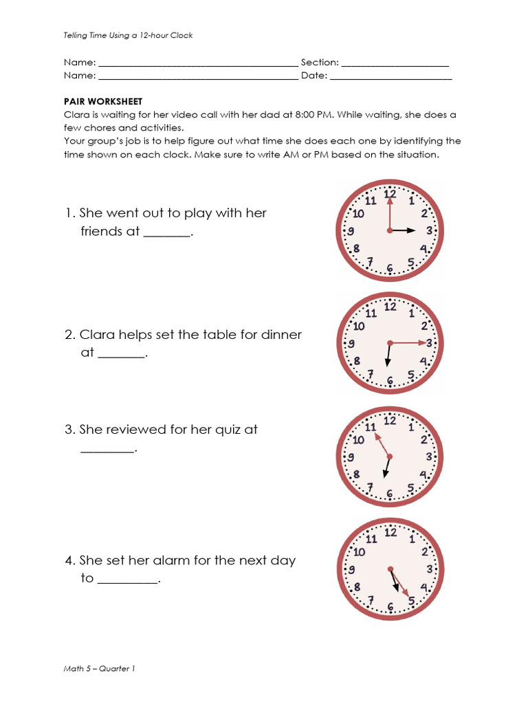 M5Q1L1 Worksheet - Telling Time Using A 12-Hour Clock | PDF