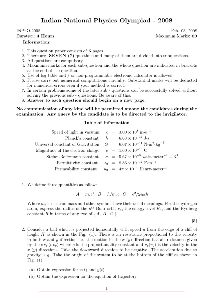 Olympiad Physics INPHO Solved Question Paper 2008 | PDF | Heat Transfer ...