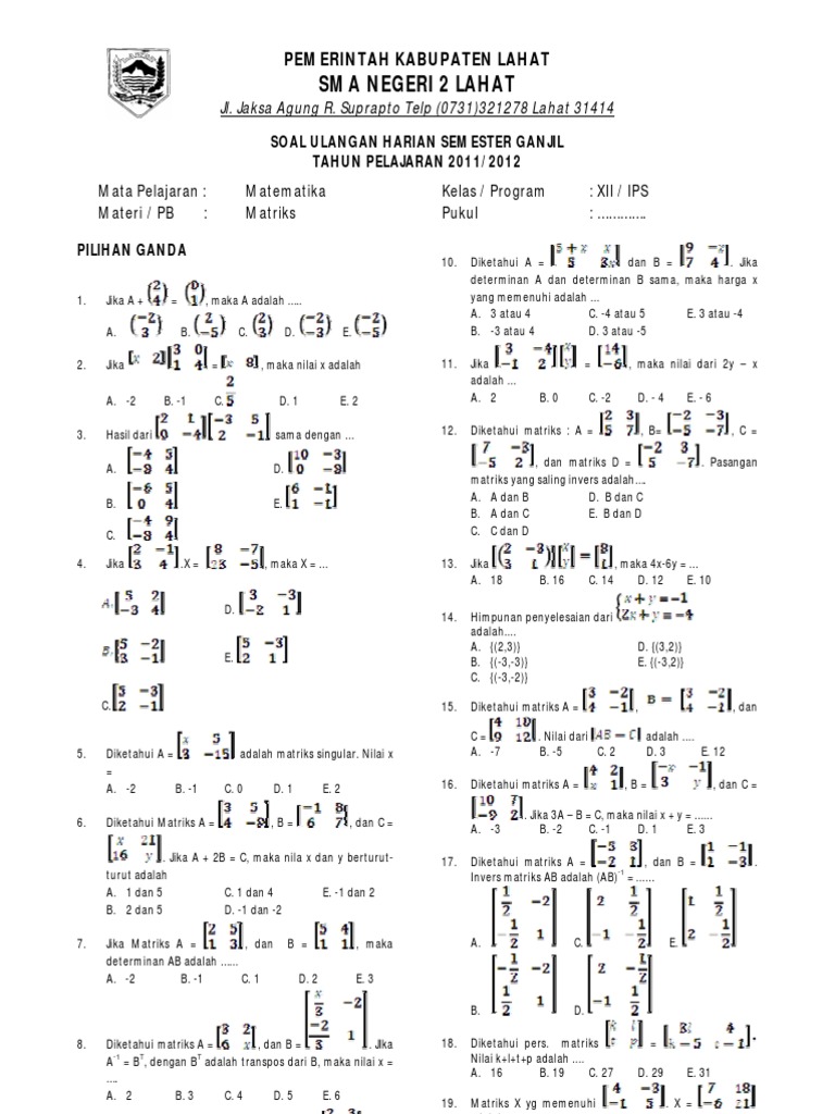 Soal Matematika Kls X Matriks