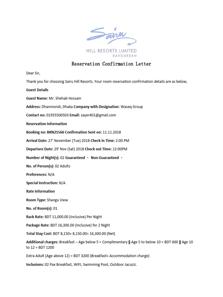 Sairu-Reservation Confirmation Letter | PDF | Payments