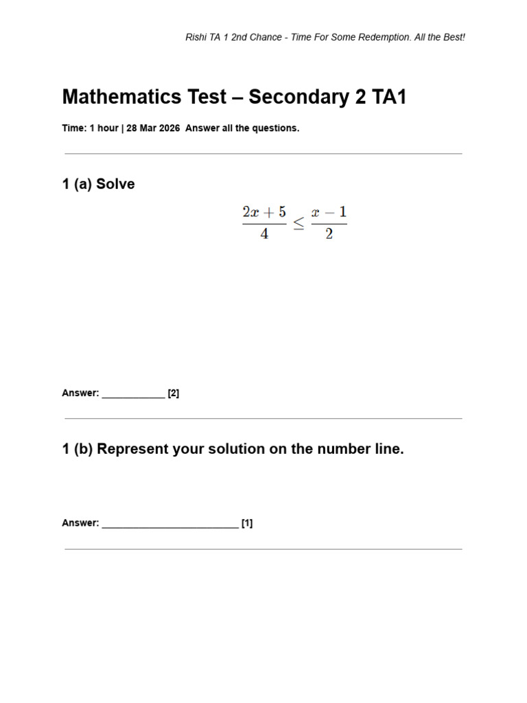 Mathematics Test - Secondary 2 TA1 - 231B76 Secondary School - Mar 28th ...