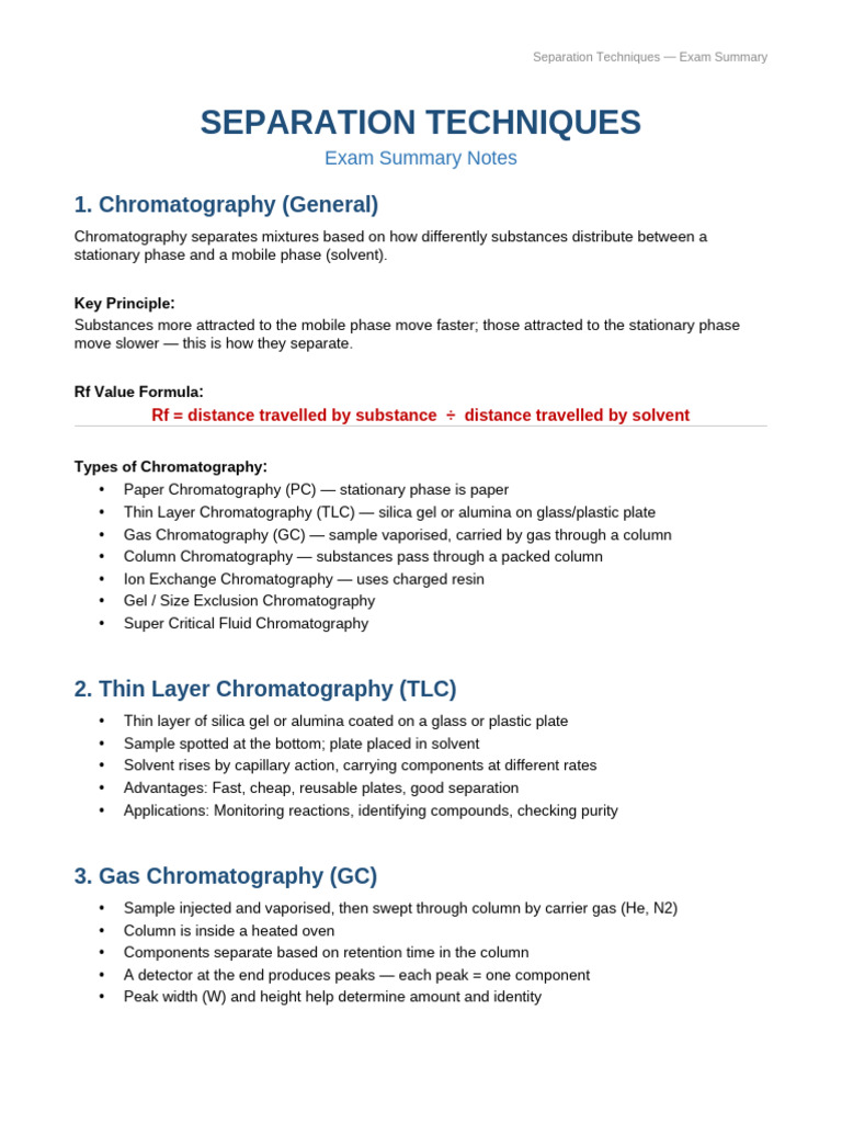 Separation Techniques Summary | PDF | Chromatography | Thin Layer ...
