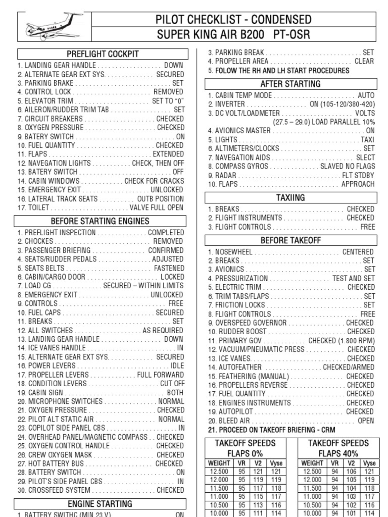 Checklist King Air B 200 Pdf Vehicle Parts Spaceflight Technologies
