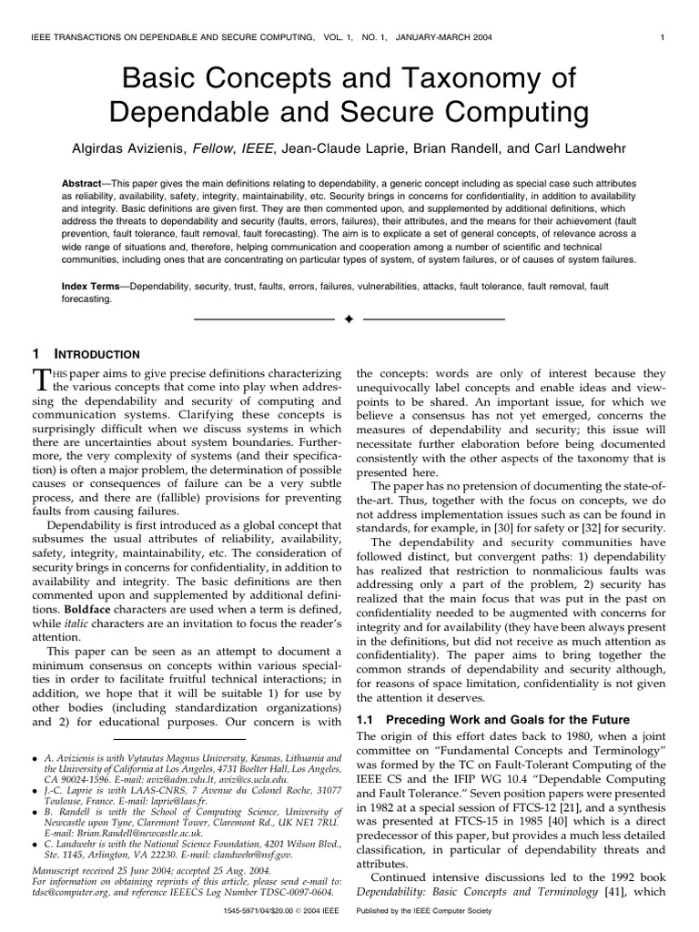 Basic Concepts and Taxonomy of Dependable and Secure Computing | PDF ...