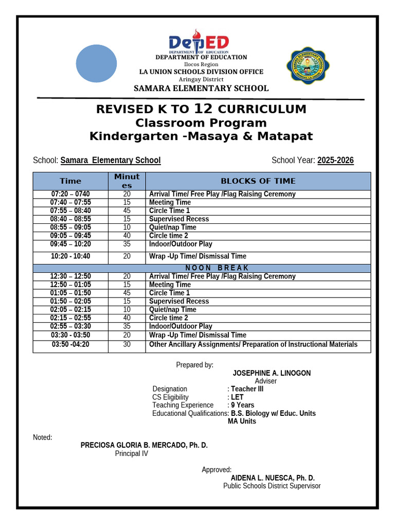 FINAL Classroom Program 1 6 SY 2025 2026 | PDF | Teachers | Curriculum