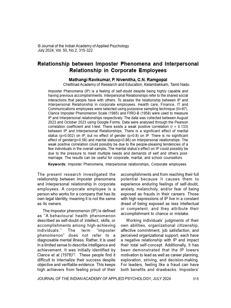 Relationship Between Imposter Phenomena and Interpersonal Relationship ...